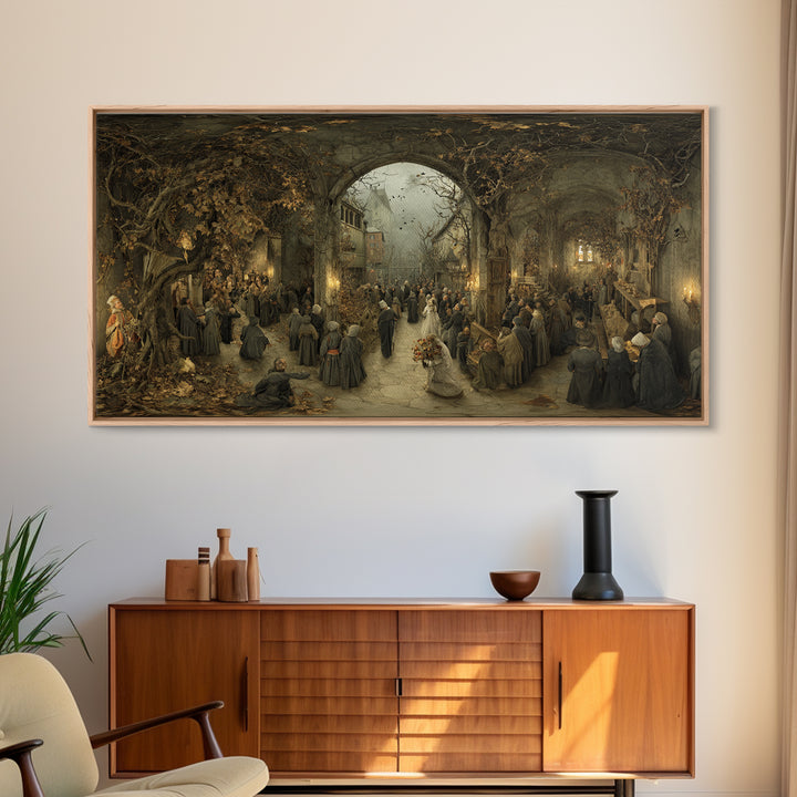 The Ghostly Groom, Northern Renaissance Horror, Wide Panoramic Art, Macabre Wall Art, Framed Canvas Print, Halloween Wall Art