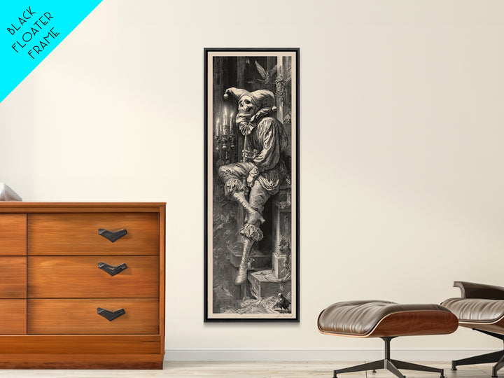 The Phantom Jester, Gothic Engraving Art, Tall Narrow Wall Art, Dark Fantasy Wall Art, Framed Canvas Print, Halloween Wall Art