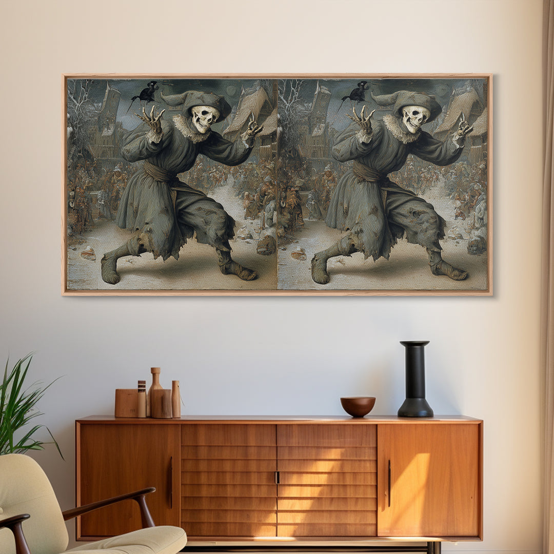 The Phantom Jester, Northern Renaissance Horror, Wide Panoramic Art, Macabre Wall Art, Canvas Print, Halloween Wall Art