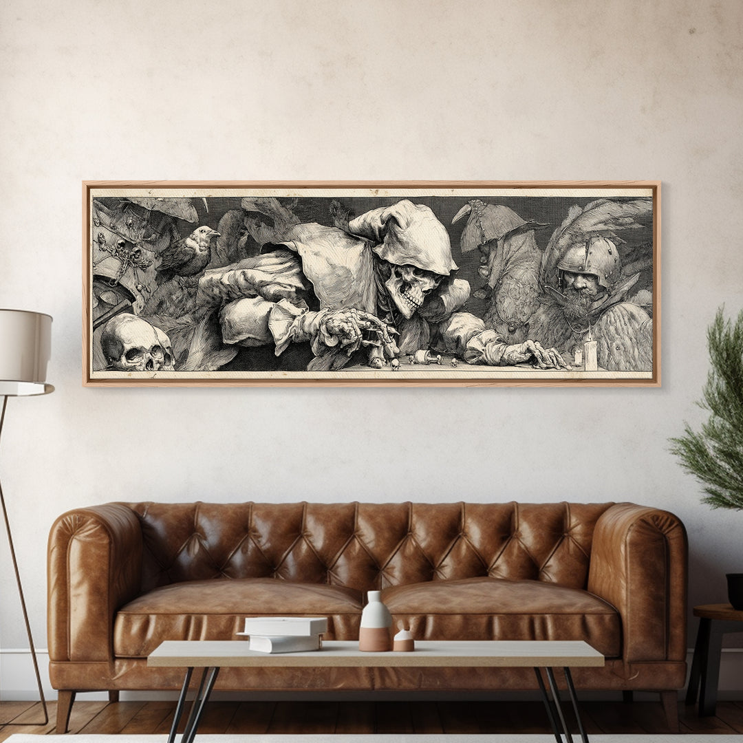 The Phantom Jester, Renaissance Engraving Art, Extra Wide Wall Art, Dark Halloween Decor, Canvas Print, Halloween Wall Art
