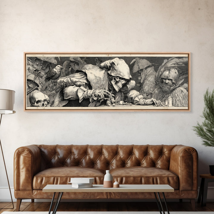 The Phantom Jester, Renaissance Engraving Art, Extra Wide Wall Art, Dark Halloween Decor, Canvas Print, Halloween Wall Art