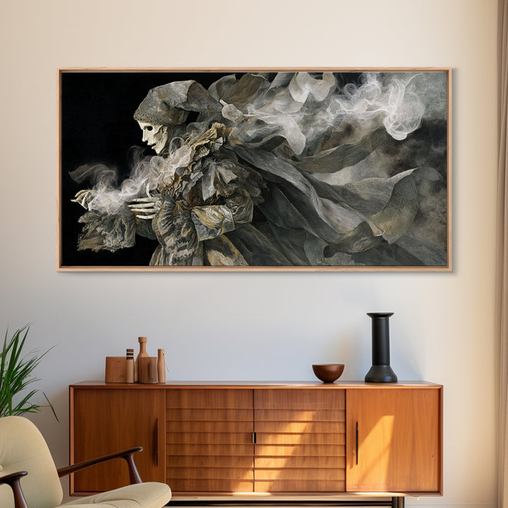 The Phantom Jester, Visionary Gothic Art, Wide Panoramic Art, Macabre Wall Art, Framed Canvas Print, Halloween Wall Art
