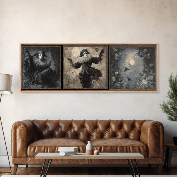 The Phantom Jester, Symbolist Dream Art, Extra Wide Wall Art, Macabre Wall Art, Framed Canvas Print, Halloween Wall Art