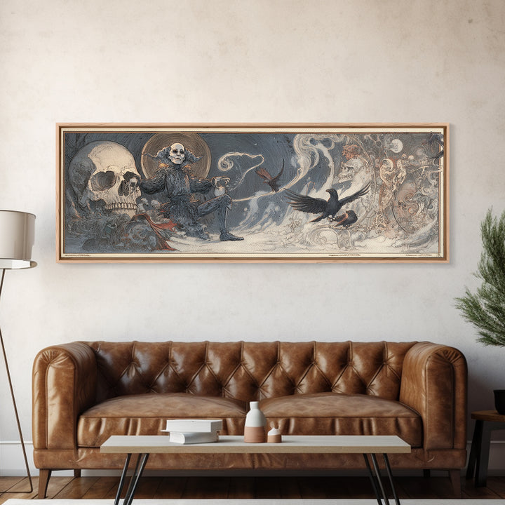 The Phantom Jester, Symbolist Death Art, Extra Wide Wall Art, Dark Fantasy Wall Art, Framed Canvas Print, Halloween Wall Art