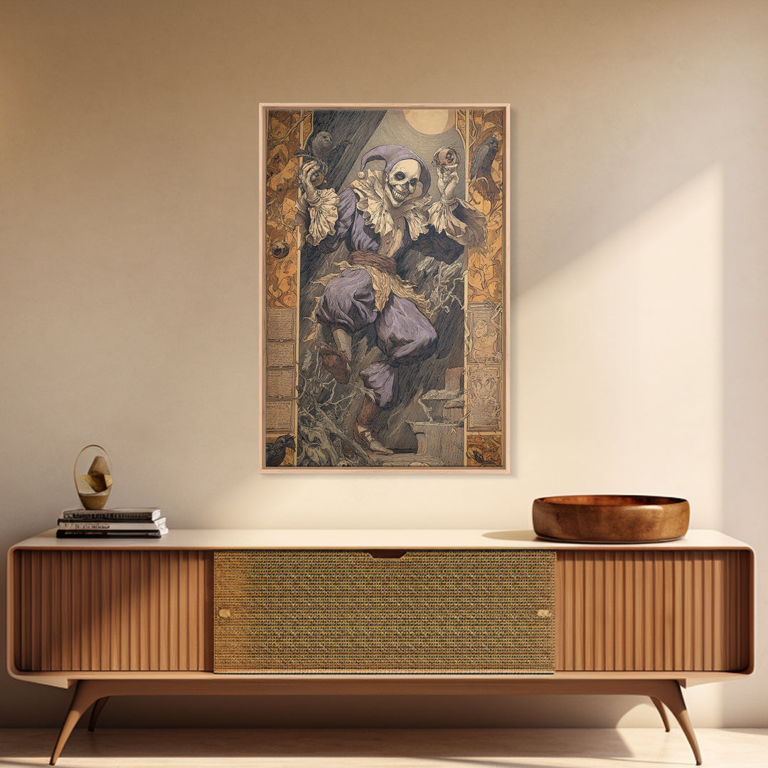 The Phantom Jester, Symbolist Etching Art, Vertical Wall Art, Dark Halloween Decor, Framed Canvas Print, Halloween Wall Art