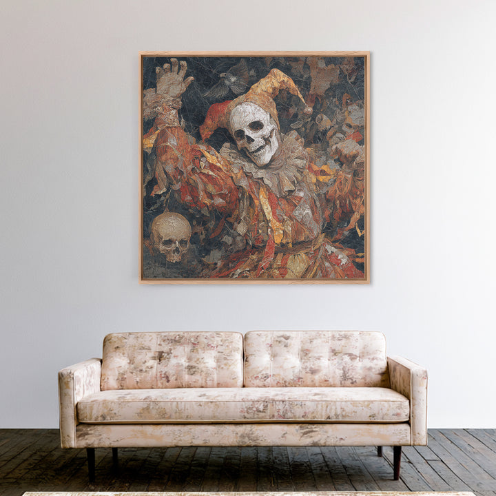 The Phantom Jester, Grotesque Carnival Art, Square Wall Art, Macabre Wall Art, Framed Canvas Print, Halloween Wall Art, Halloween Decor
