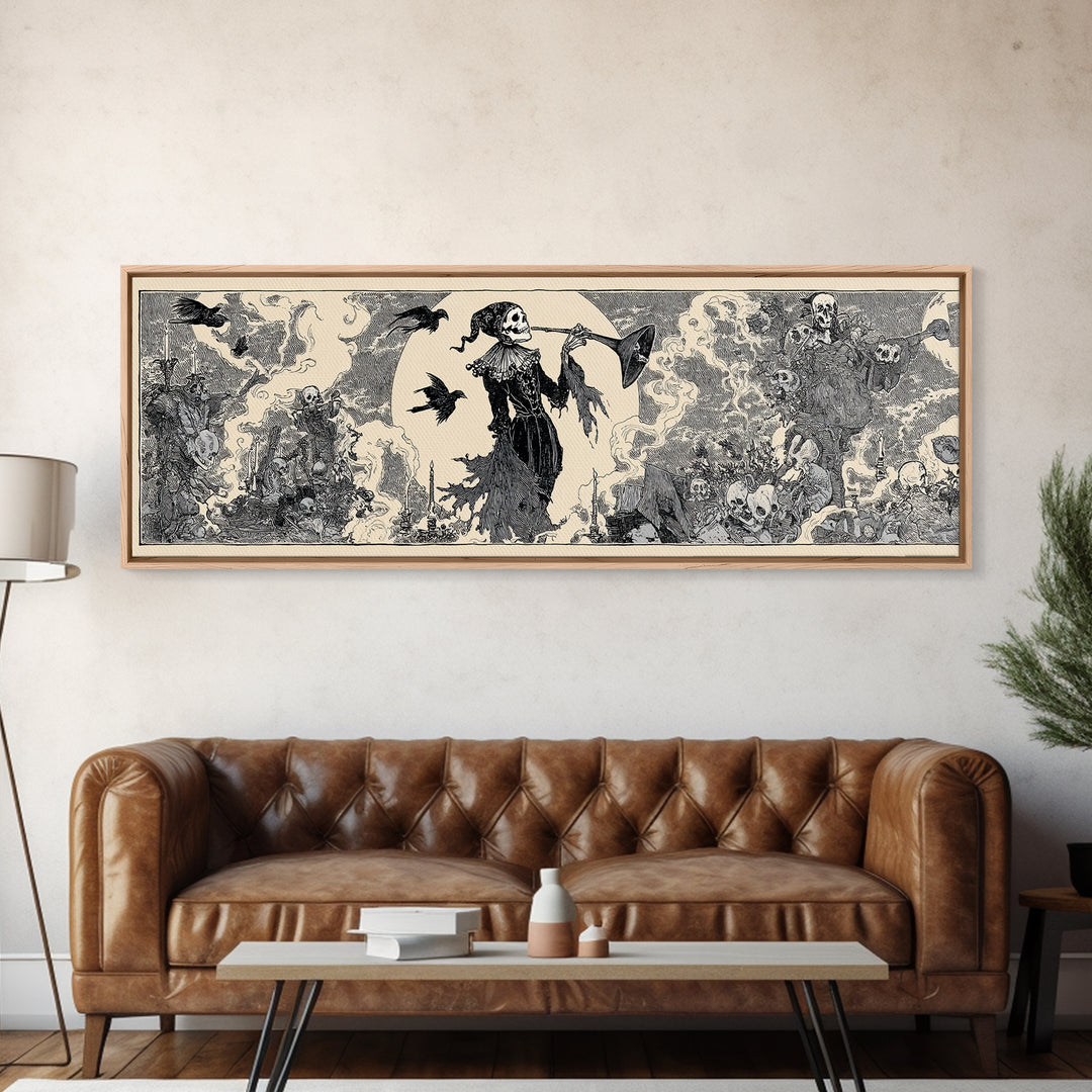 The Phantom Jester, Decadent Line Art, Extra Wide Wall Art, Gothic Horror Wall Art, Framed Canvas Print, Halloween Wall Art