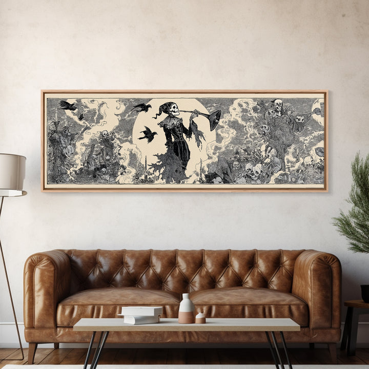 The Phantom Jester, Decadent Line Art, Extra Wide Wall Art, Gothic Horror Wall Art, Framed Canvas Print, Halloween Wall Art
