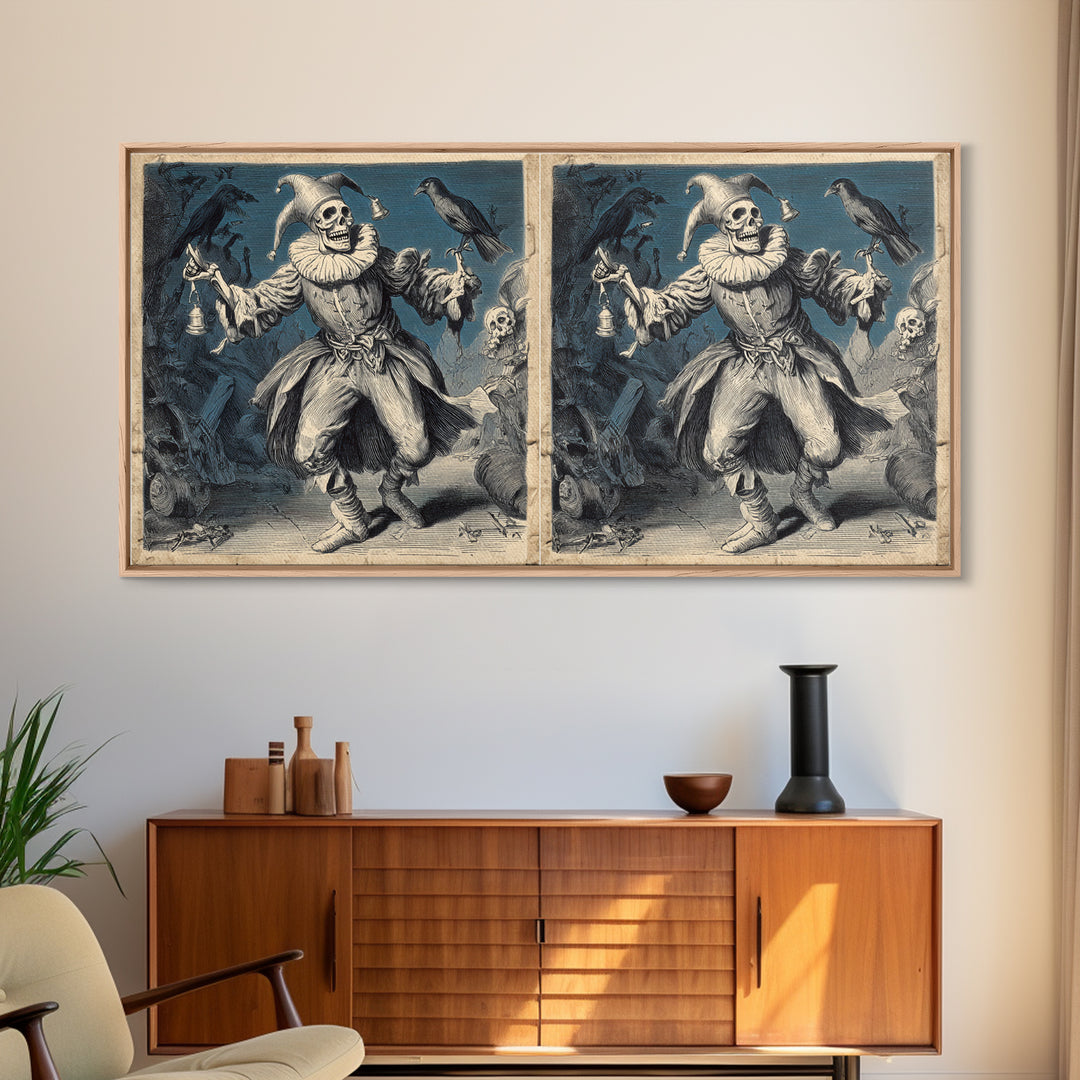 The Phantom Jester, Macabre Folk Print Art, Wide Panoramic Art, Gothic Horror Wall Art, Canvas Print, Halloween Wall Art