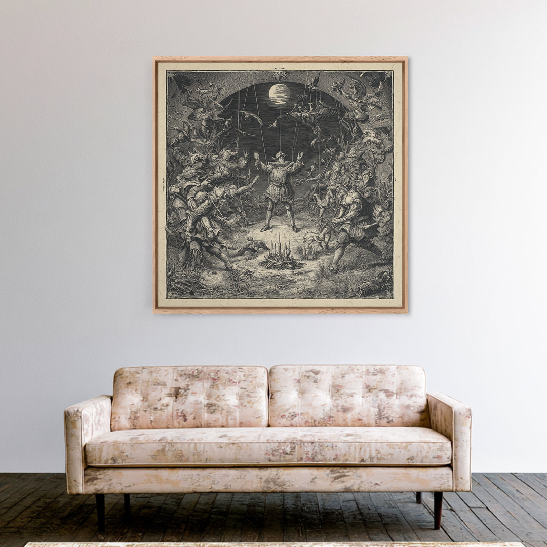 The Marionette Master, Renaissance Engraving Art, Square Wall Art, Dark Halloween Decor, Framed Canvas Print, Halloween Wall Art