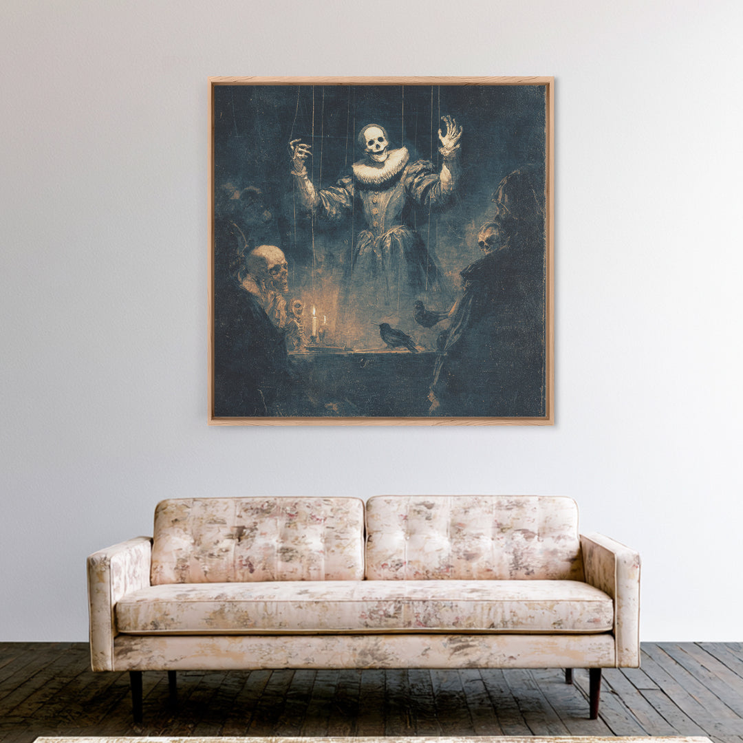 The Marionette Master, Danse Macabre Art, Square Wall Art, Dark Halloween Decor, Framed Canvas Print, Halloween Wall Art