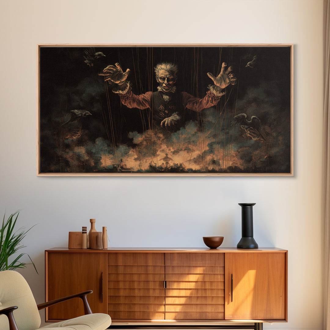 The Marionette Master, Visionary Gothic Art, Wide Panoramic Art, Dark Halloween Decor, Framed Canvas Print, Halloween Wall Art