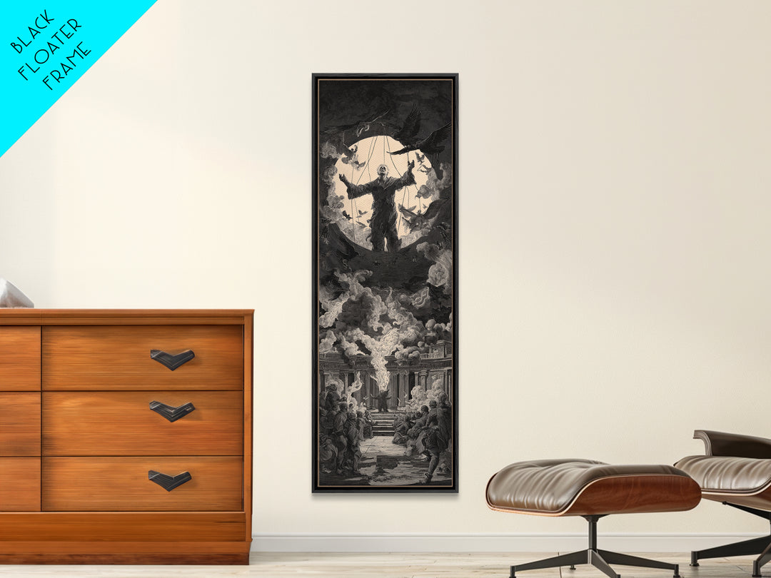 The Marionette Master, Architectural Etching Art, Tall Narrow Wall Art, Dark Halloween Decor, Framed Canvas Print