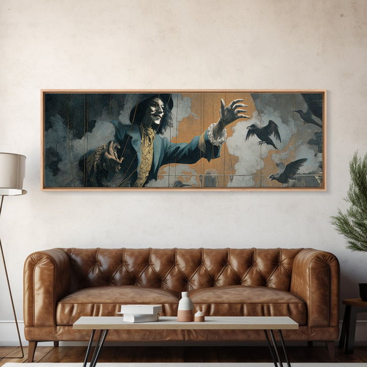 The Marionette Master, Symbolist Etching Art, Extra Wide Wall Art, Dark Halloween Decor, Framed Canvas Print, Halloween Wall Art