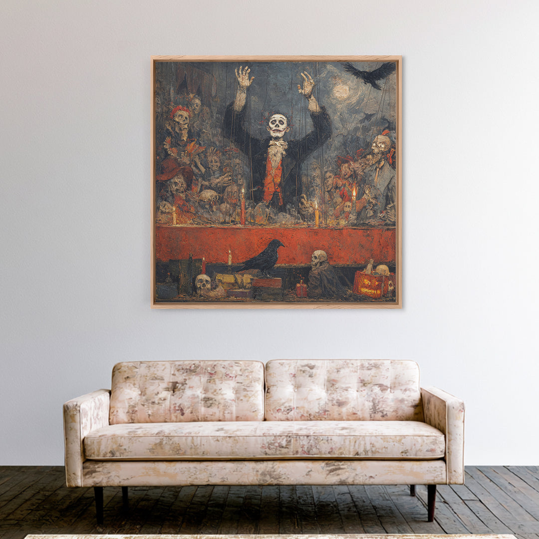 The Marionette Master, Grotesque Carnival Art, Square Wall Art, Dark Halloween Decor, Framed Canvas Print, Halloween Wall Art