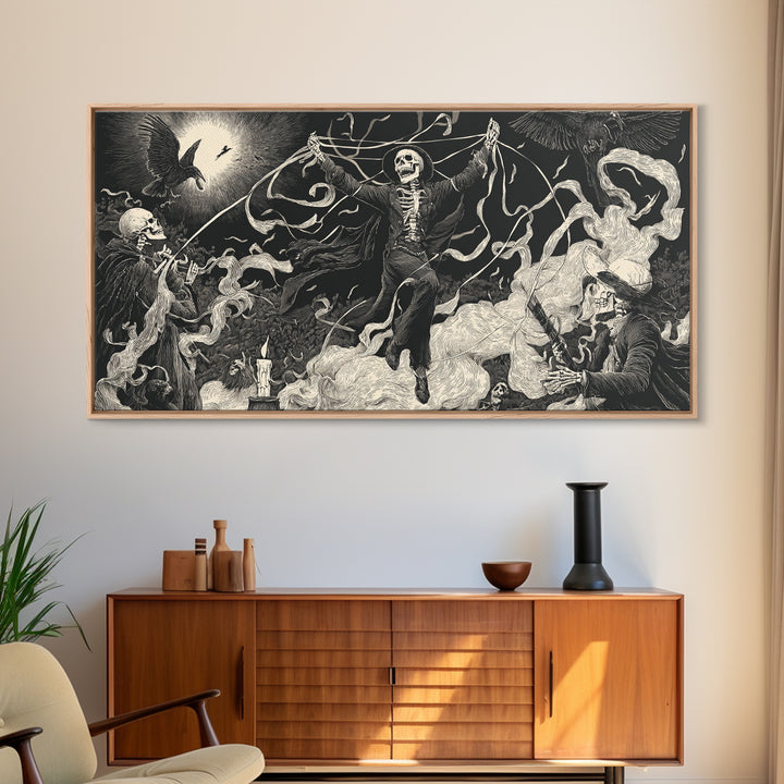 The Marionette Master, Macabre Folk Print Art, Wide Panoramic Art, Dark Halloween Decor, Framed Canvas Print, Halloween Wall Art