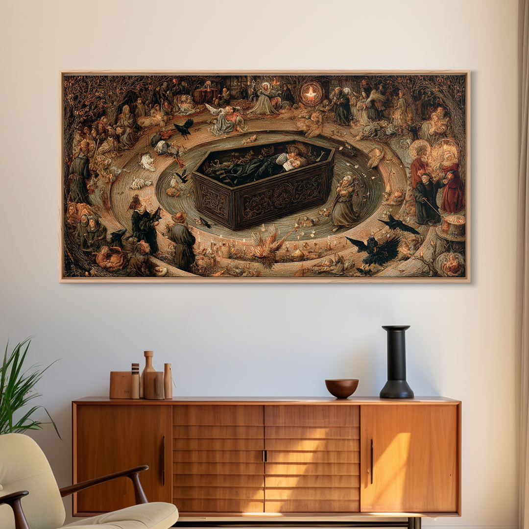 The Coffin Sleeper, Northern Renaissance Horror, Wide Panoramic Art, Dark Halloween Decor, Canvas Print, Halloween Wall Art