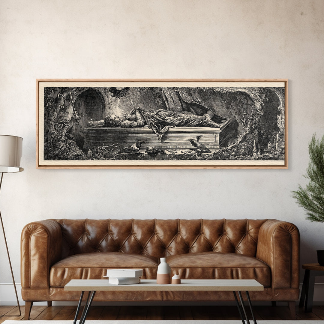 The Coffin Sleeper, Renaissance Engraving Art, Extra Wide Wall Art, Gothic Horror Wall Art, Canvas Print, Halloween Wall Art