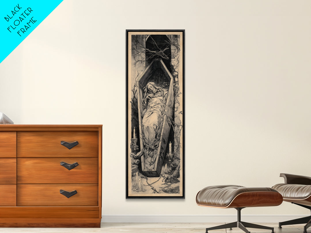 The Coffin Sleeper, Architectural Etching Art, Tall Narrow Wall Art, Gothic Horror Wall Art, Canvas Print, Halloween Wall Art