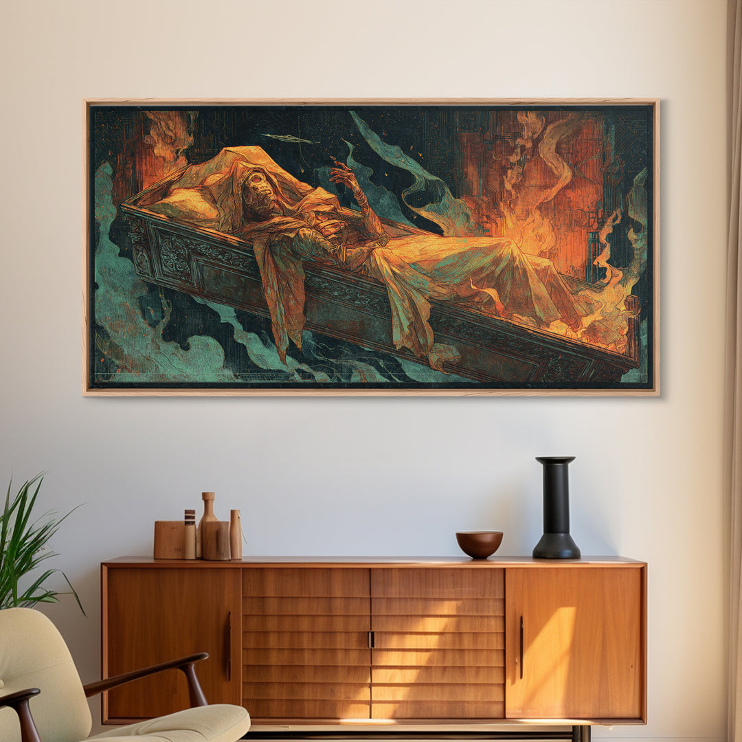 The Coffin Sleeper, Apocalyptic Romantic Art, Wide Panoramic Art, Dark Halloween Decor, Canvas Print, Halloween Wall Art, Dark Fantasy Art
