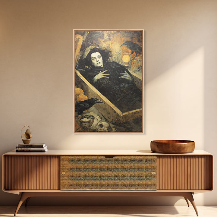 The Coffin Sleeper, Symbolist Etching Art, Vertical Wall Art, Gothic Horror Wall Art, Framed Canvas Print, Halloween Wall Art