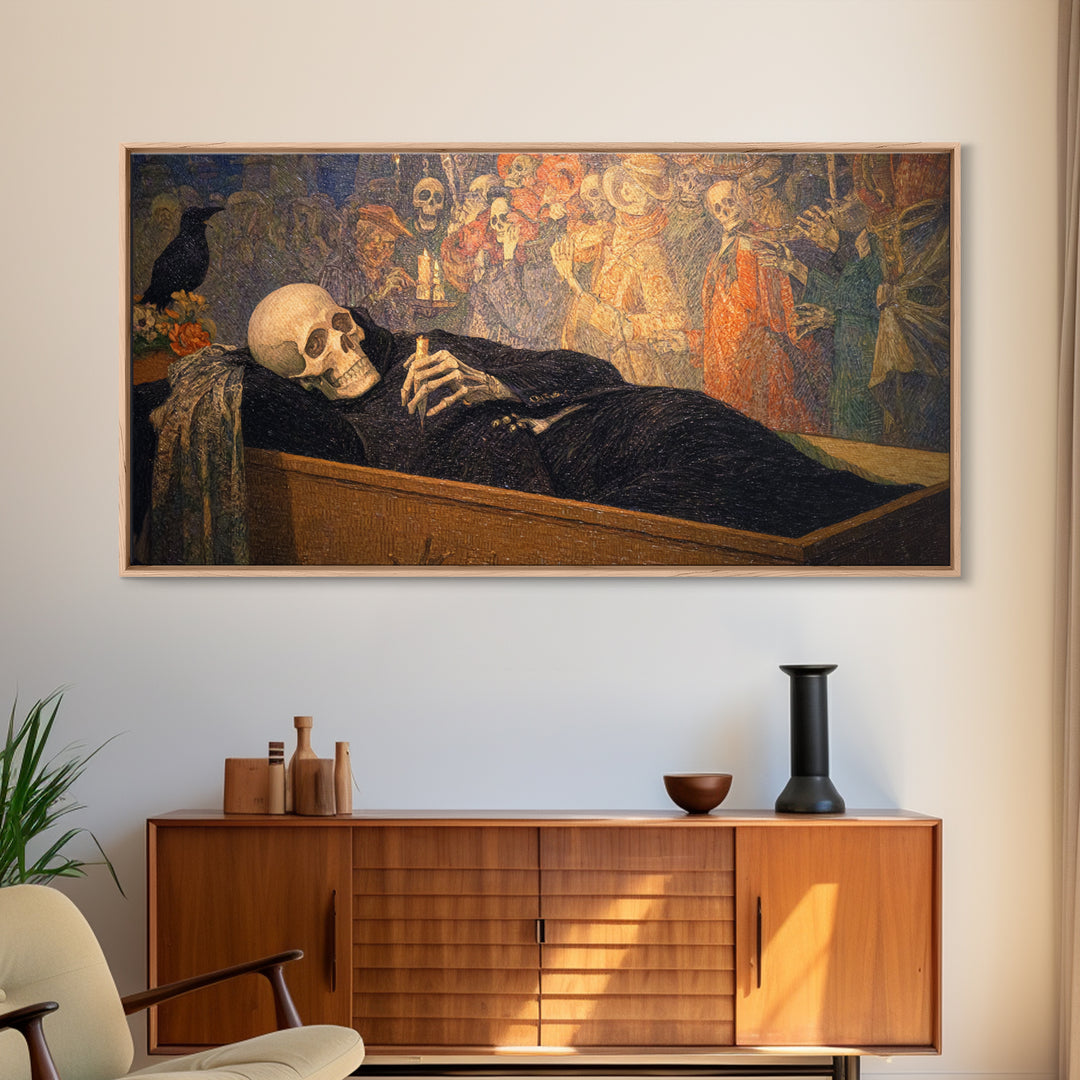 The Coffin Sleeper, Grotesque Carnival Art, Wide Panoramic Art, Dark Halloween Decor, Framed Canvas Print, Halloween Wall Art
