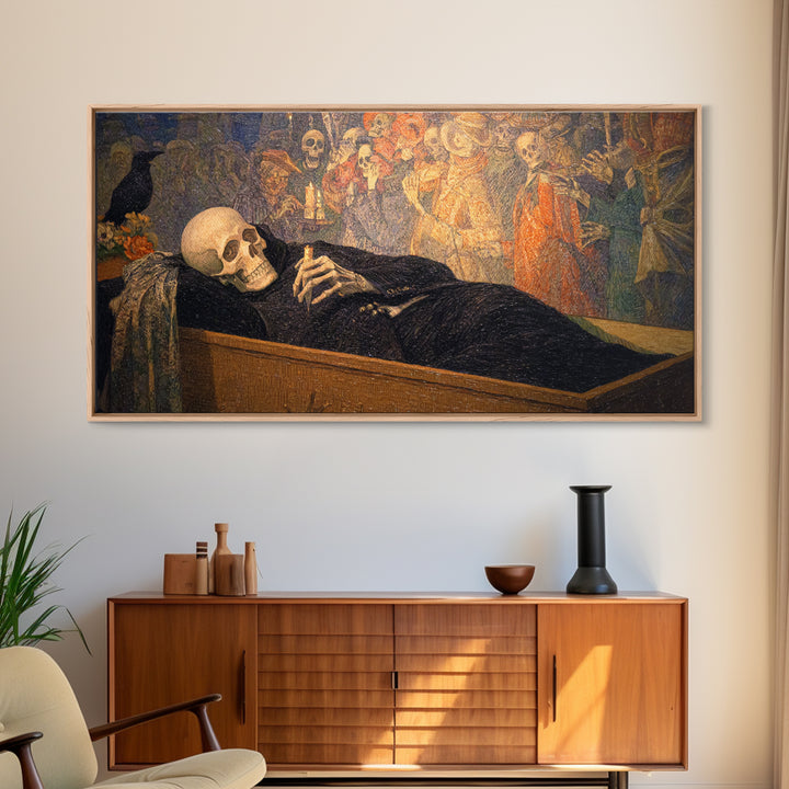 The Coffin Sleeper, Grotesque Carnival Art, Wide Panoramic Art, Dark Halloween Decor, Framed Canvas Print, Halloween Wall Art