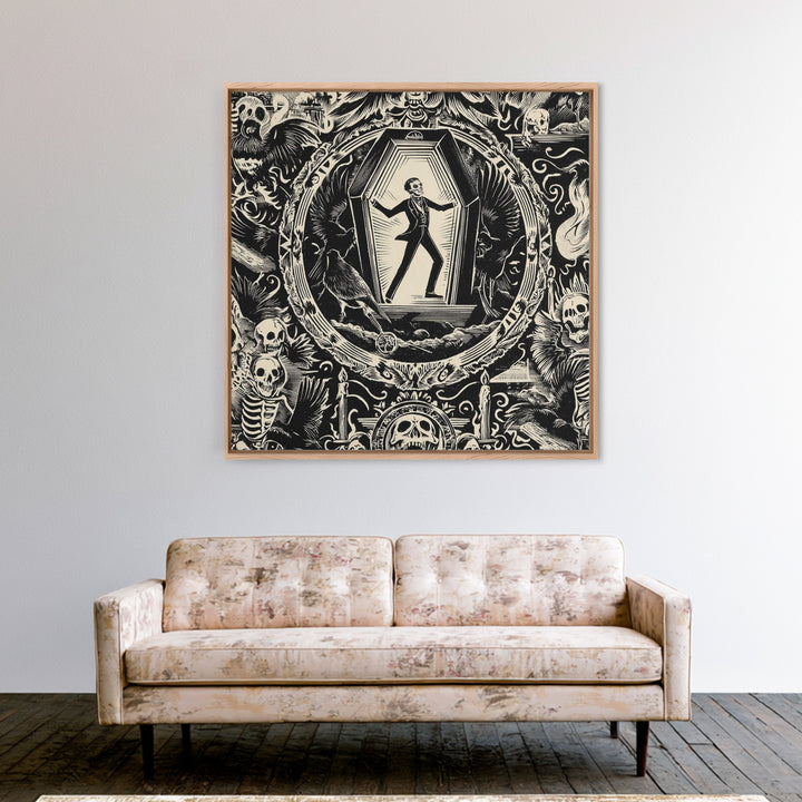 The Coffin Sleeper, Macabre Folk Print Art, Square Wall Art, Dark Halloween Decor, Canvas Print, Halloween Wall Art