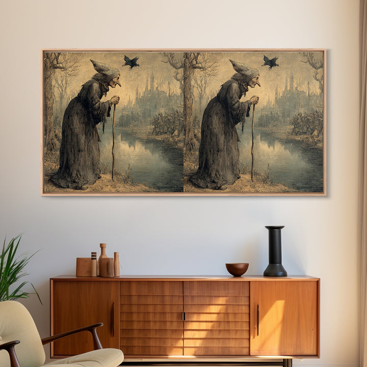 The Swamp Witch, Northern Renaissance Horror, Wide Panoramic Art, Dark Halloween Decor, Canvas Print, Halloween Wall Art