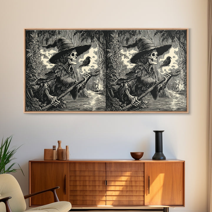 The Swamp Witch, Macabre Folk Print Art, Wide Panoramic Art, Dark Fantasy Wall Art, Canvas Print, Halloween Wall Art
