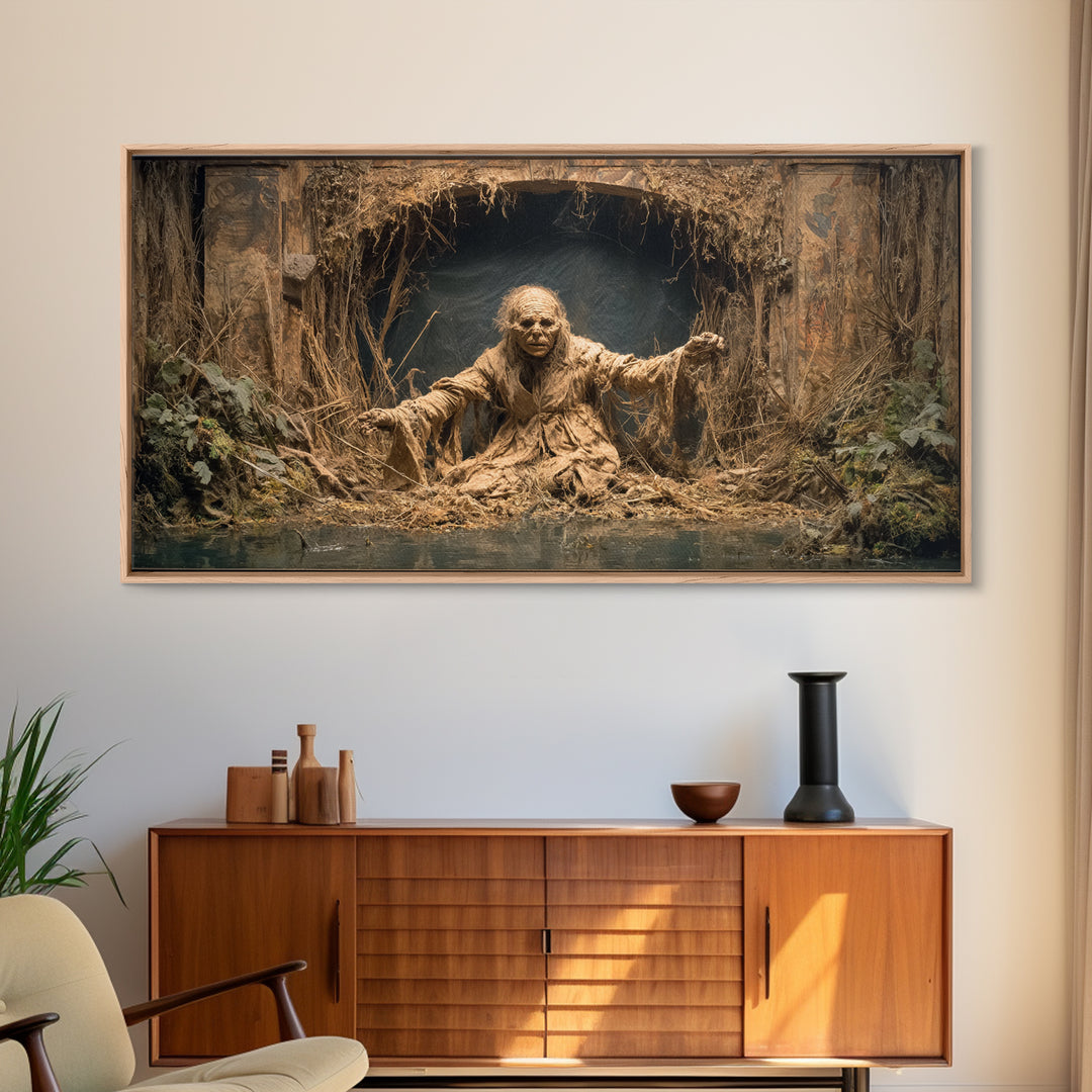 The Bog Mummy, Northern Renaissance Horror, Wide Panoramic Art, Dark Halloween Decor, Canvas Print, Halloween Wall Art