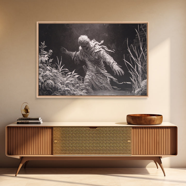 The Bog Mummy, Architectural Etching Art, Landscape Wall Art, Dark Halloween Decor, Framed Canvas Print, Halloween Wall Art