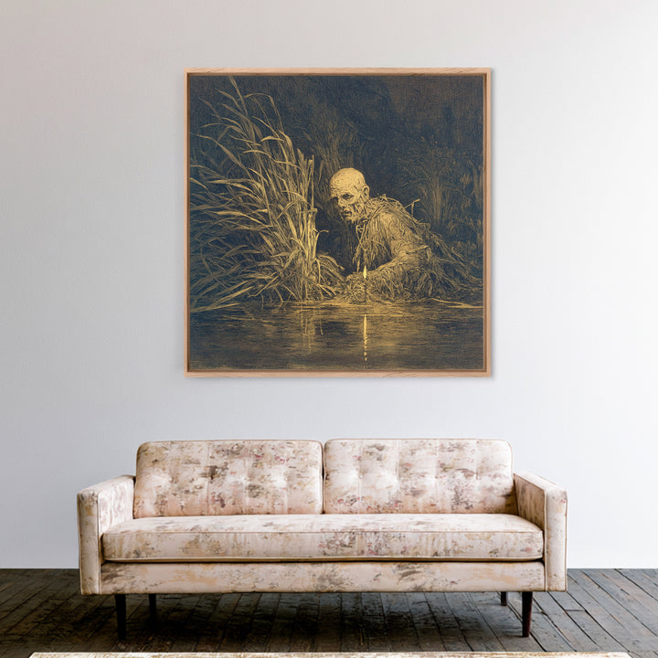 The Bog Mummy, Symbolist Etching Art, Square Wall Art, Macabre Wall Art, Framed Canvas Print, Halloween Wall Art, Seasonal Home Decor
