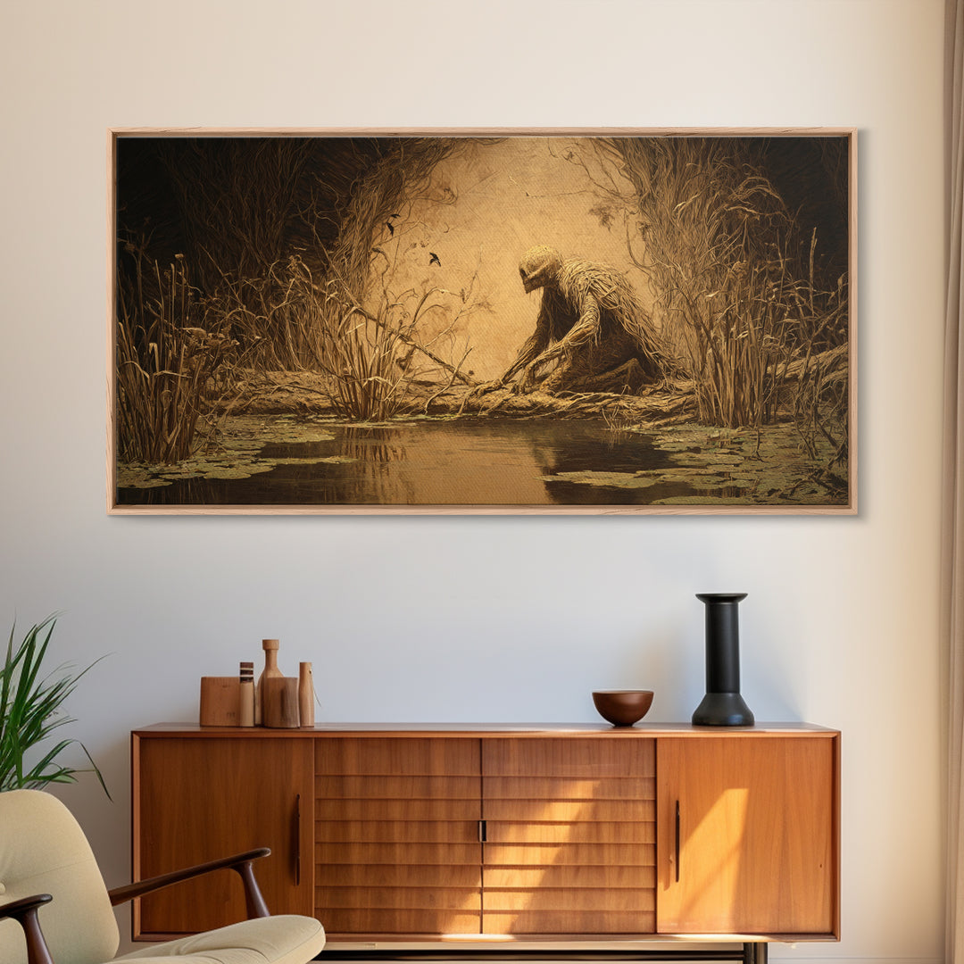 The Bog Mummy, Expressionist Nightmare Art, Wide Panoramic Art, Macabre Wall Art, Framed Canvas Print, Halloween Wall Art, Halloween Decor