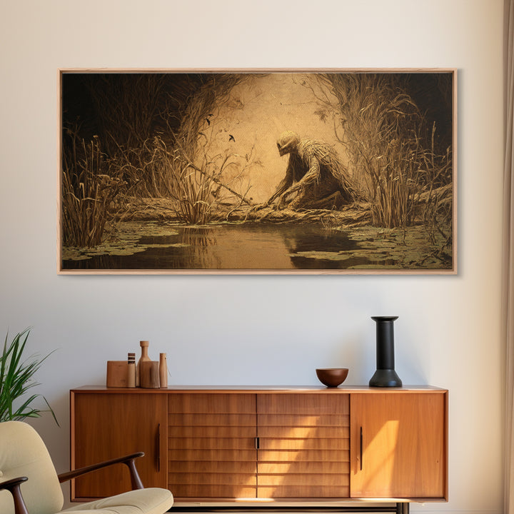 The Bog Mummy, Expressionist Nightmare Art, Wide Panoramic Art, Macabre Wall Art, Framed Canvas Print, Halloween Wall Art, Halloween Decor