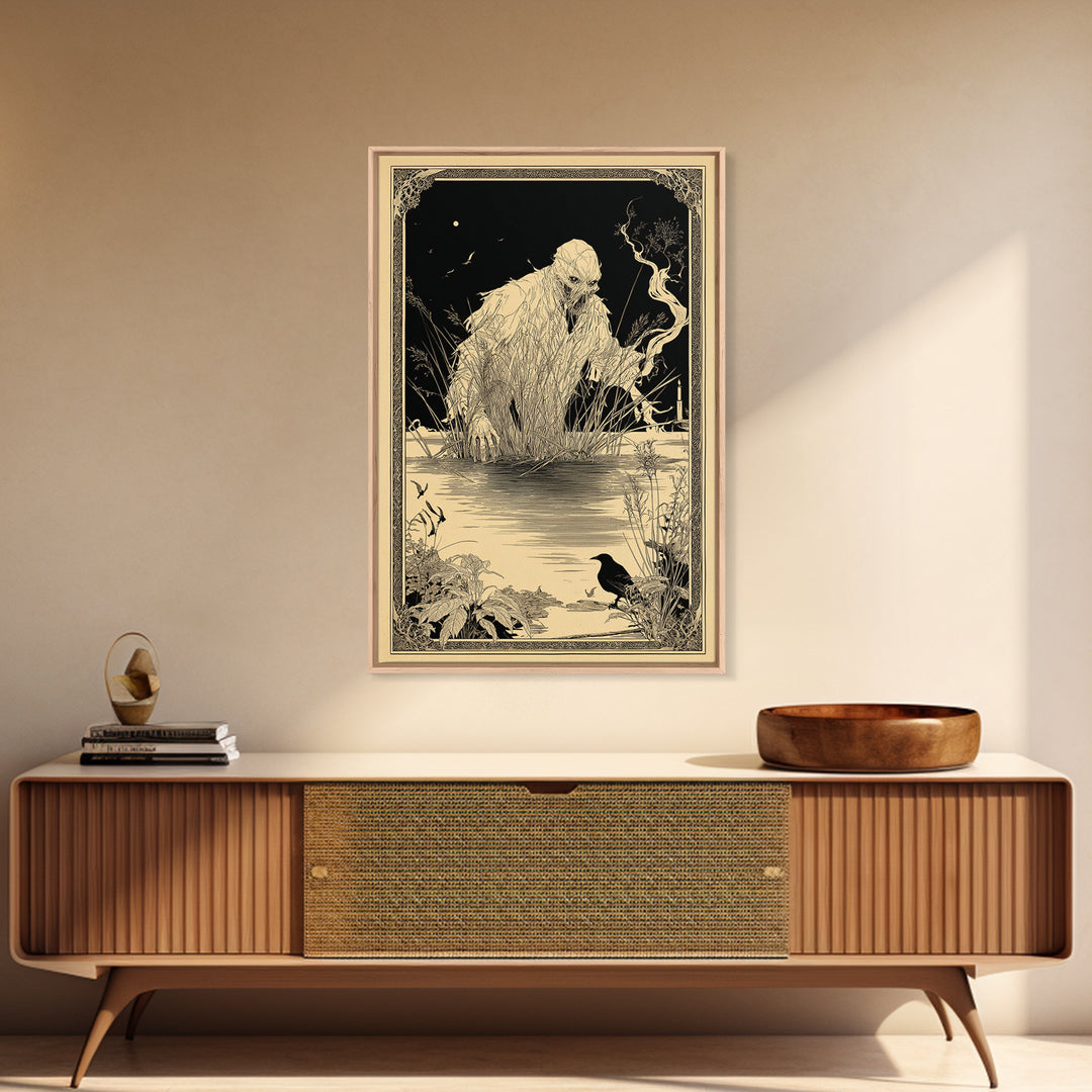 The Bog Mummy, Decadent Line Art, Vertical Wall Art, Dark Fantasy Wall Art, Framed Canvas Print, Halloween Wall Art
