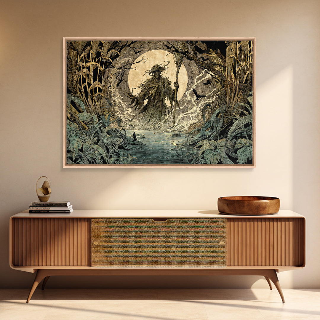 The Bog Mummy, Gothic Storybook Art, Landscape Wall Art, Dark Halloween Decor, Framed Canvas Print, Halloween Wall Art
