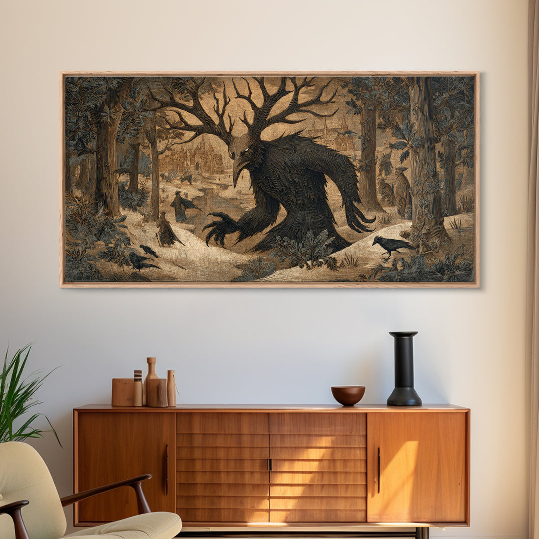 The Antlered Forest Spirit, Northern Renaissance Horror, Wide Panoramic Art, Macabre Wall Art, Canvas Print, Halloween Wall Art