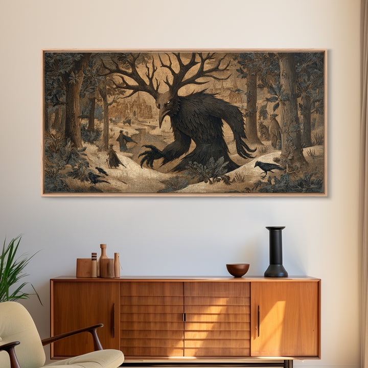 The Antlered Forest Spirit, Northern Renaissance Horror, Wide Panoramic Art, Macabre Wall Art, Canvas Print, Halloween Wall Art