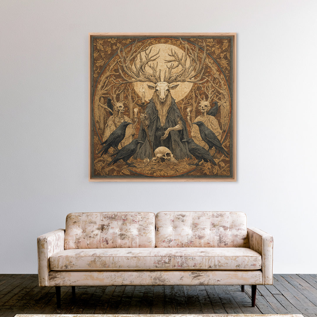The Antlered Forest Spirit, Danse Macabre Art, Square Wall Art, Dark Halloween Decor, Framed Canvas Print