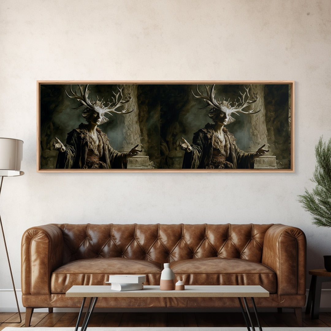 The Antlered Forest Spirit, Gothic Nightmare Art, Extra Wide Wall Art, Dark Fantasy Wall Art, Framed Canvas Print, Halloween Wall Art