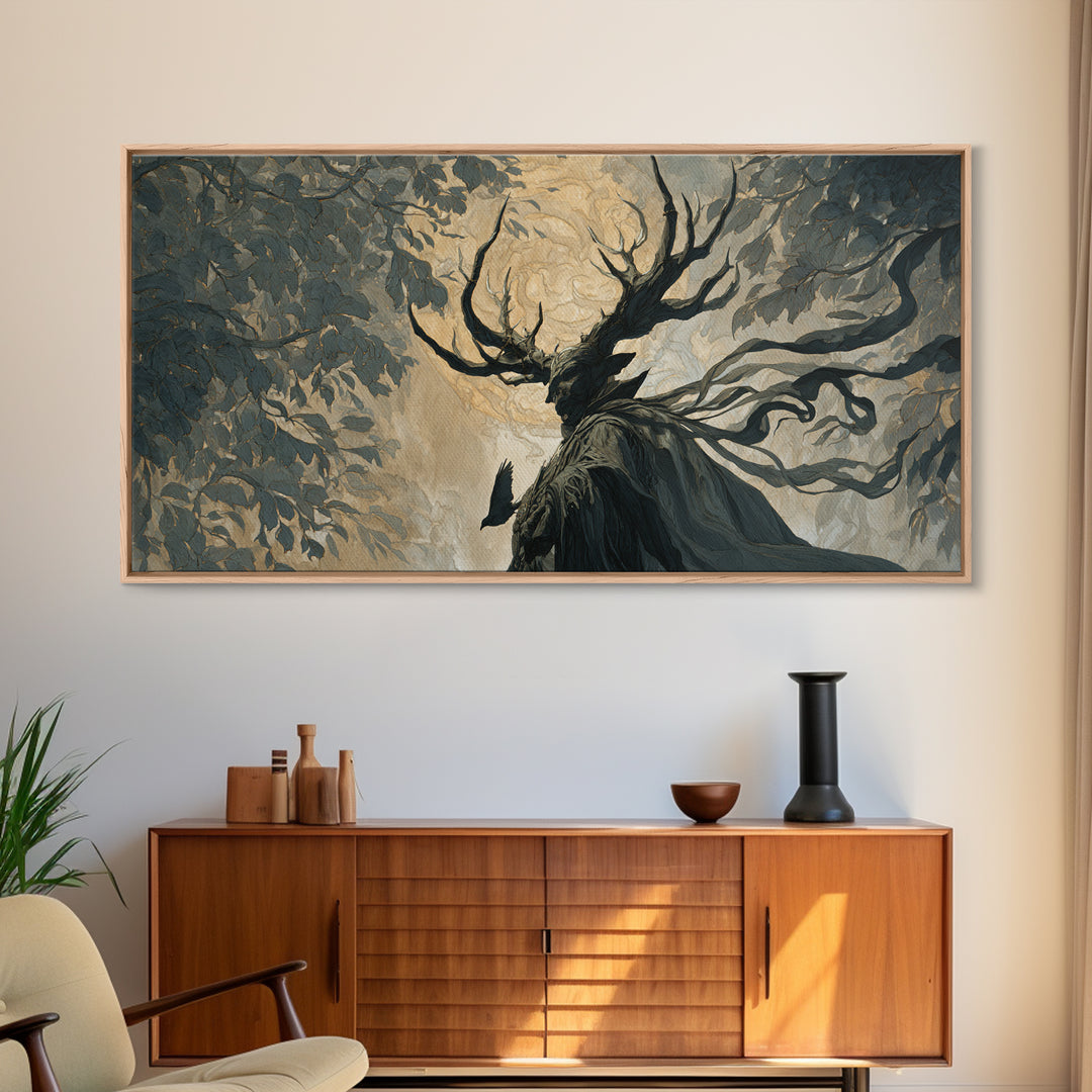 The Antlered Forest Spirit, Visionary Gothic Art, Wide Panoramic Art, Dark Fantasy Wall Art, Canvas Print, Halloween Wall Art