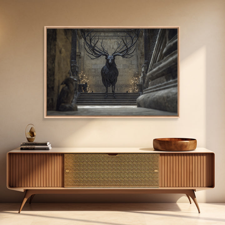 The Antlered Forest Spirit, Architectural Etching Art, Landscape Wall Art, Dark Fantasy Wall Art, Canvas Print