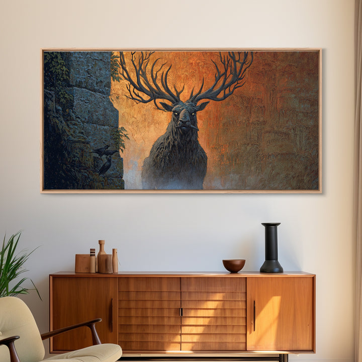 The Antlered Forest Spirit, Apocalyptic Romantic Art, Wide Panoramic Art, Gothic Horror Wall Art, Canvas Print, Halloween Wall Art