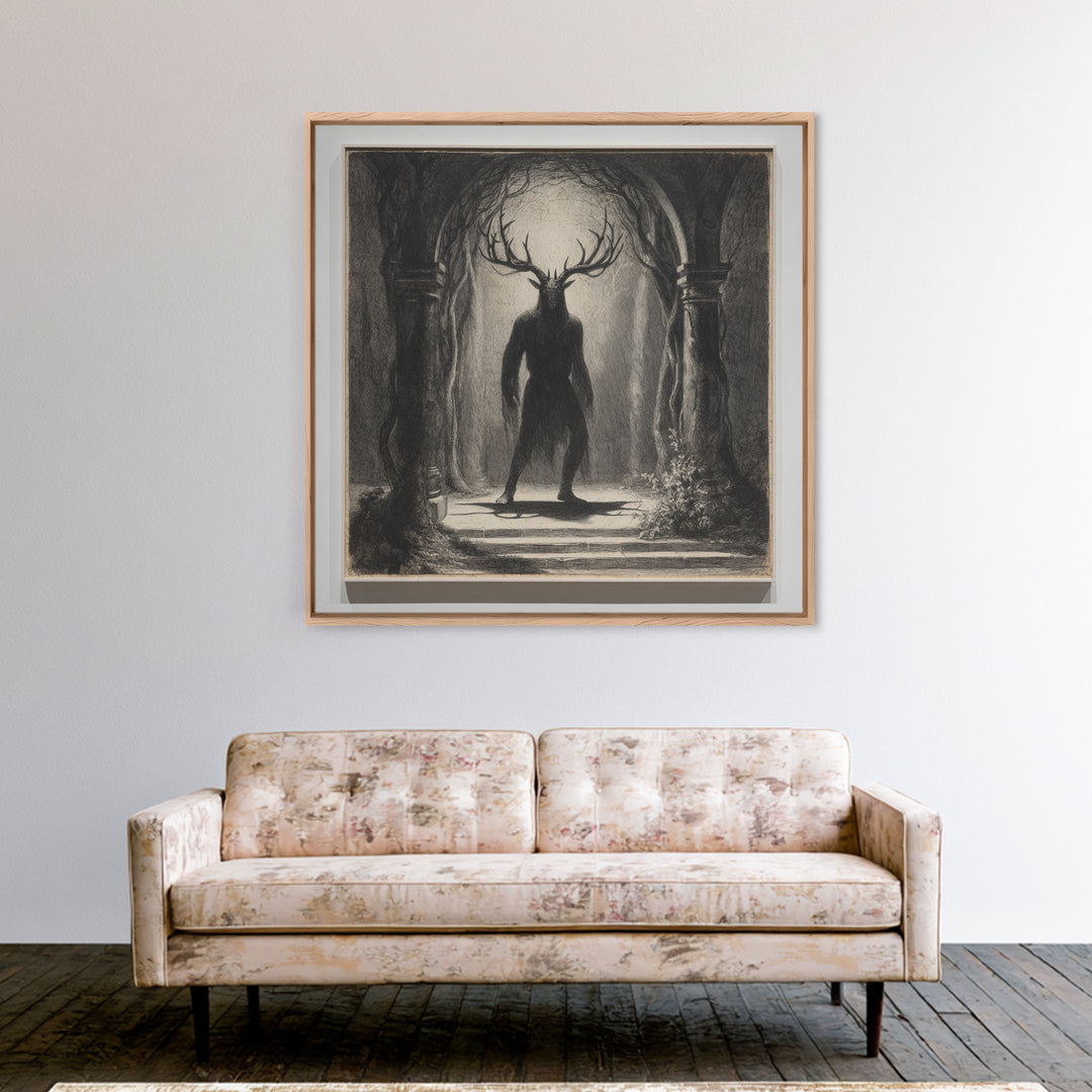 The Antlered Forest Spirit, Symbolist Dream Art, Square Wall Art, Macabre Wall Art, Canvas Print, Halloween Wall Art