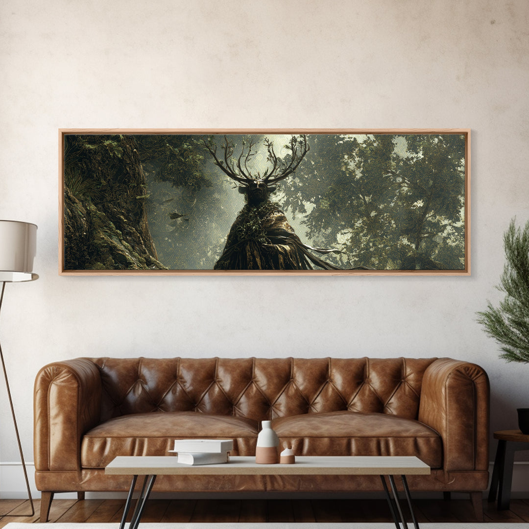 The Antlered Forest Spirit, Ornate Symbolist Art, Extra Wide Wall Art, Macabre Wall Art, Framed Canvas Print, Halloween Wall Art