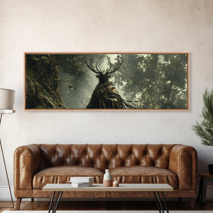 The Antlered Forest Spirit, Ornate Symbolist Art, Extra Wide Wall Art, Macabre Wall Art, Framed Canvas Print, Halloween Wall Art