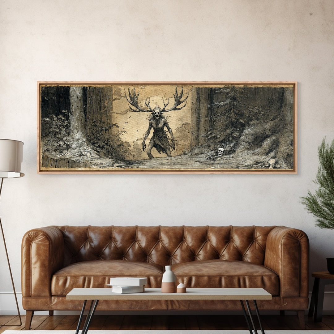 The Antlered Forest Spirit, Decadent Gothic Art, Extra Wide Wall Art, Macabre Wall Art, Framed Canvas Print, Halloween Wall Art