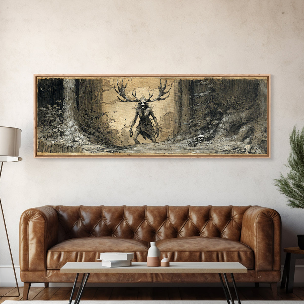 The Antlered Forest Spirit, Decadent Gothic Art, Extra Wide Wall Art, Macabre Wall Art, Framed Canvas Print, Halloween Wall Art