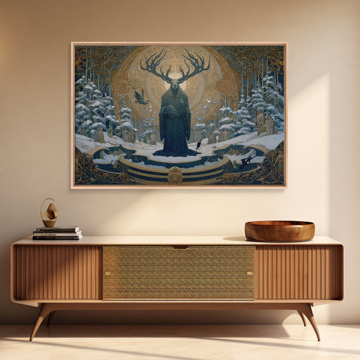 The Antlered Forest Spirit, Symbolist Death Art, Landscape Wall Art, Macabre Wall Art, Framed Canvas Print, Halloween Wall Art